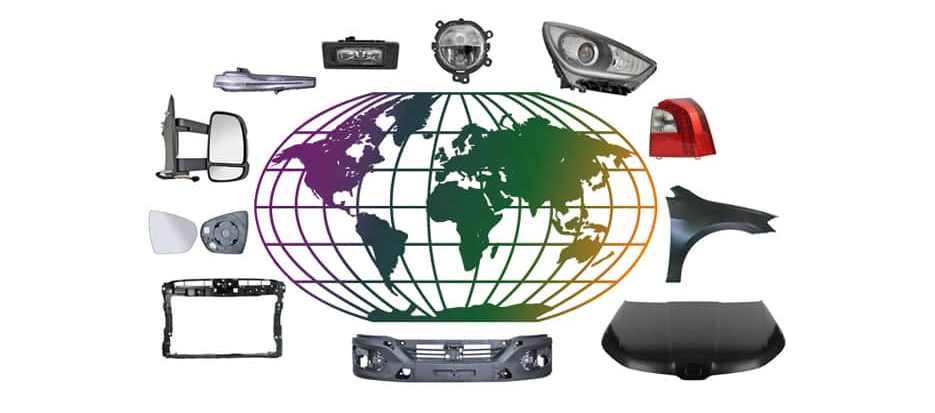 Wereldbol omringd door auto-onderdelen